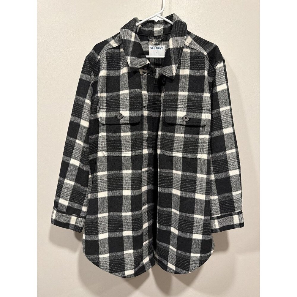 Old Navy Women's Black White Plaid Flannel Shacket Size L Fall Staple‎ Collared